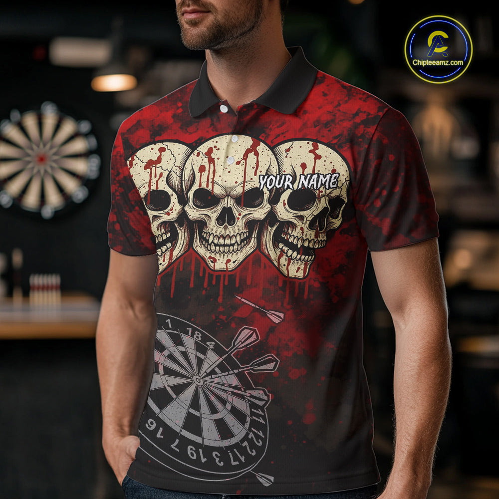 Black And Red Grunge Skull Mens Dart Shirts Custom Dart Jerseys Team Polo & Quarter Zip TDM5127