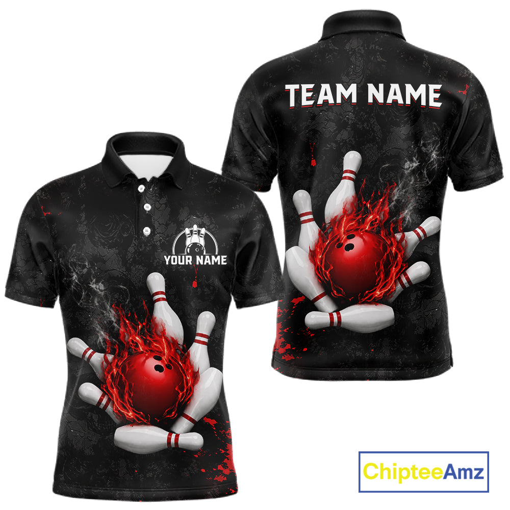 Black and red grunge fire bowling team polo shirt for men with flame graphics.