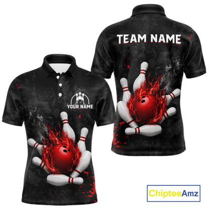 Black and red grunge fire bowling team polo shirt for men with flame graphics.