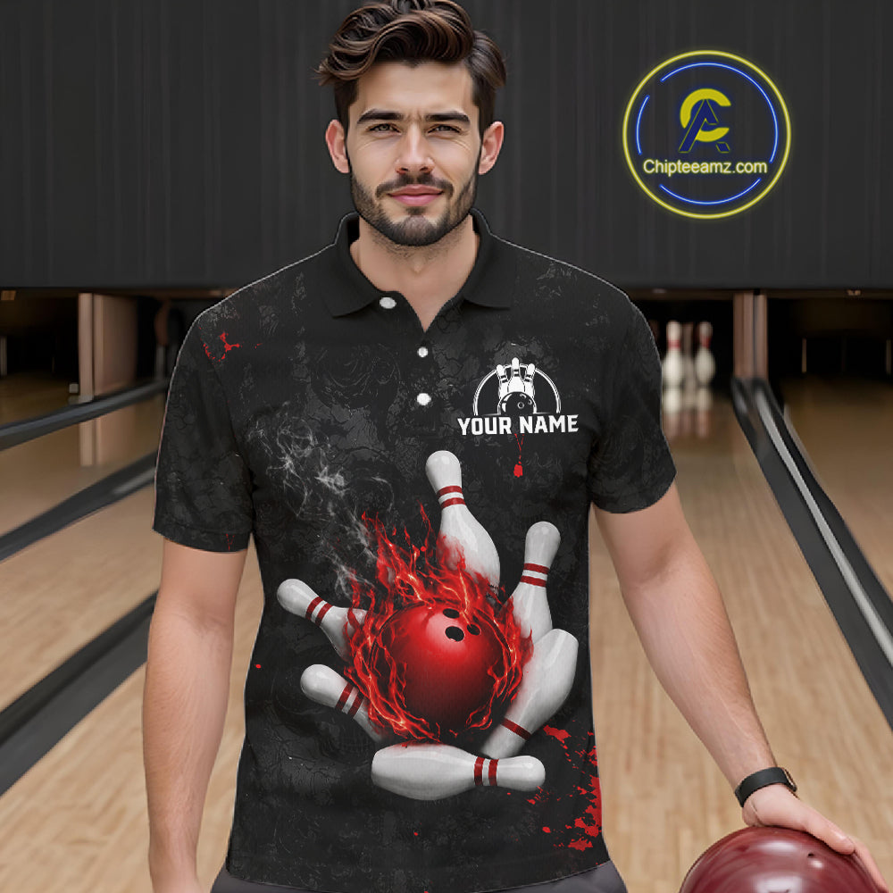 Man wearing black and red grunge fire bowling polo shirt front view.