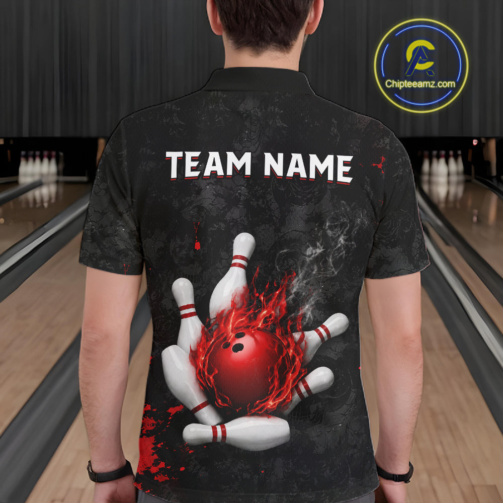 Man wearing black and red grunge fire bowling polo shirt back view.