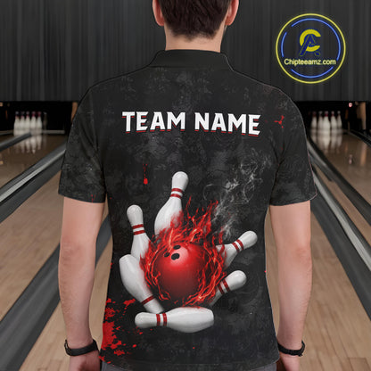 Man wearing black and red grunge fire bowling polo shirt back view.