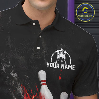 Close up of black and red grunge fire bowling polo shirt collar, buttons and chest design.