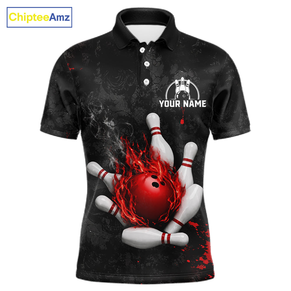 Black and red grunge fire bowling polo shirt for men, custom bowling team jersey uniform.