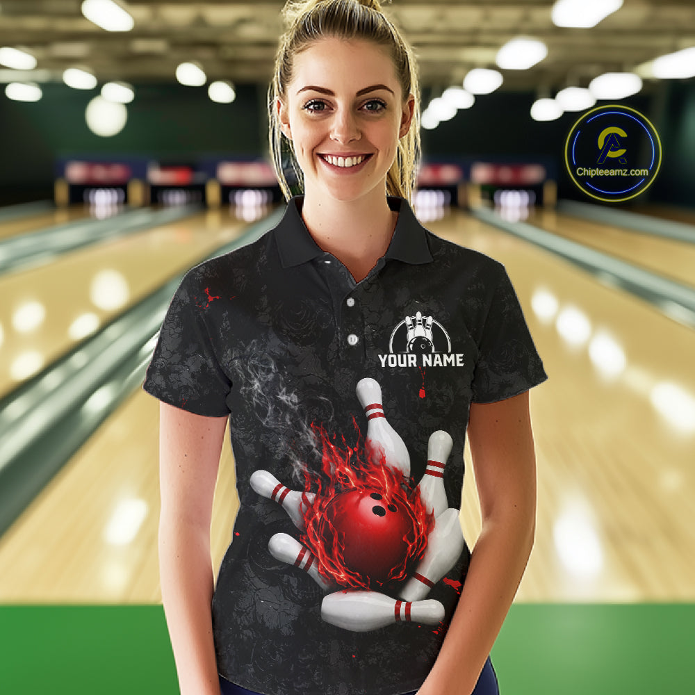 Woman wearing black and red grunge fire bowling polo shirt front view.