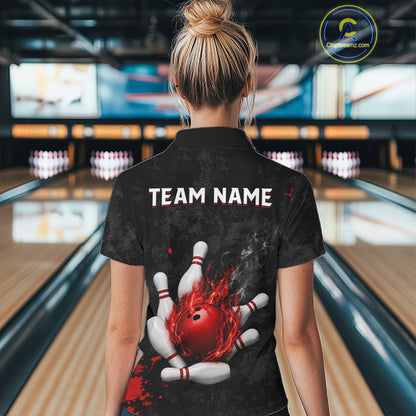 Woman wearing black and red grunge fire bowling polo shirt back view.