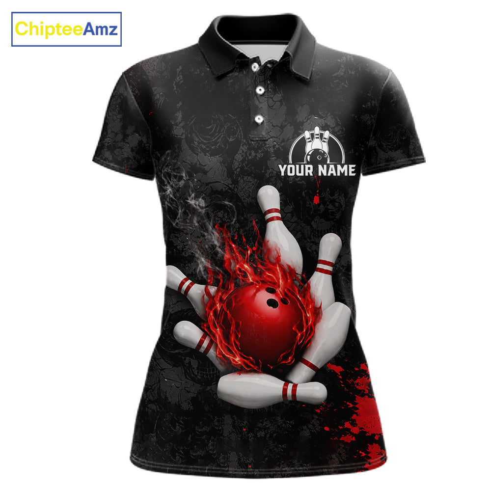 Black and red grunge fire bowling polo shirt for women, custom bowling team jersey uniform.