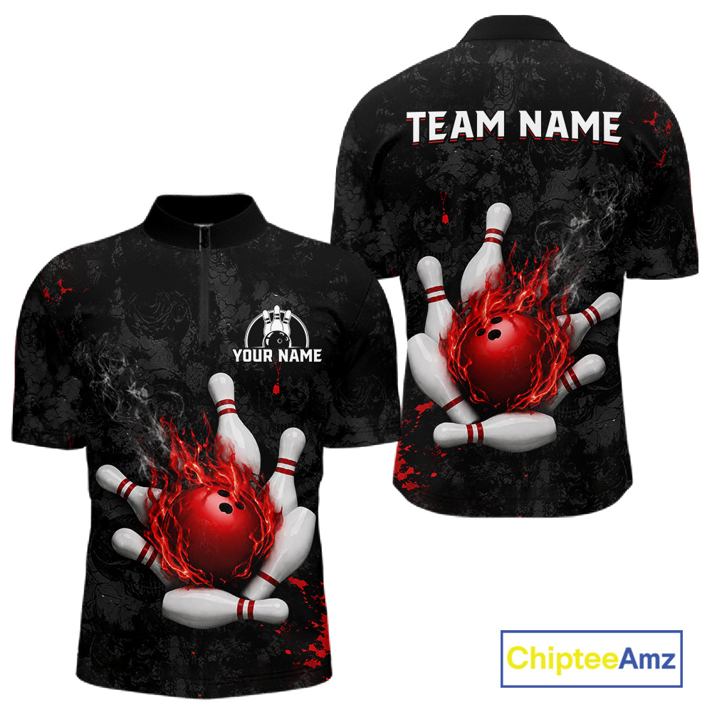 Black and red grunge fire bowling quarter zip shirt for men, custom bowling league jersey.