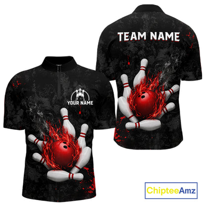 Black and red grunge fire bowling quarter zip shirt for men, custom bowling league jersey.