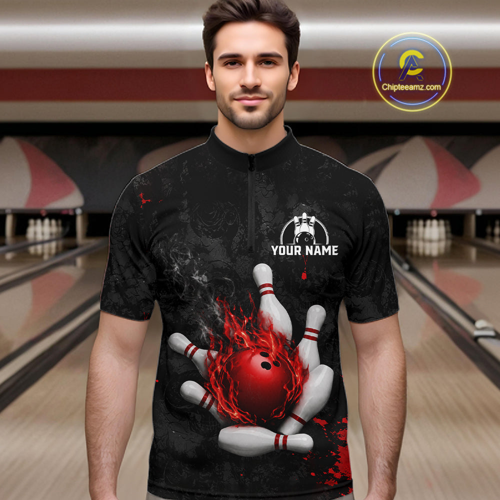 Man wearing black and red grunge fire bowling quarter zip shirt front view.