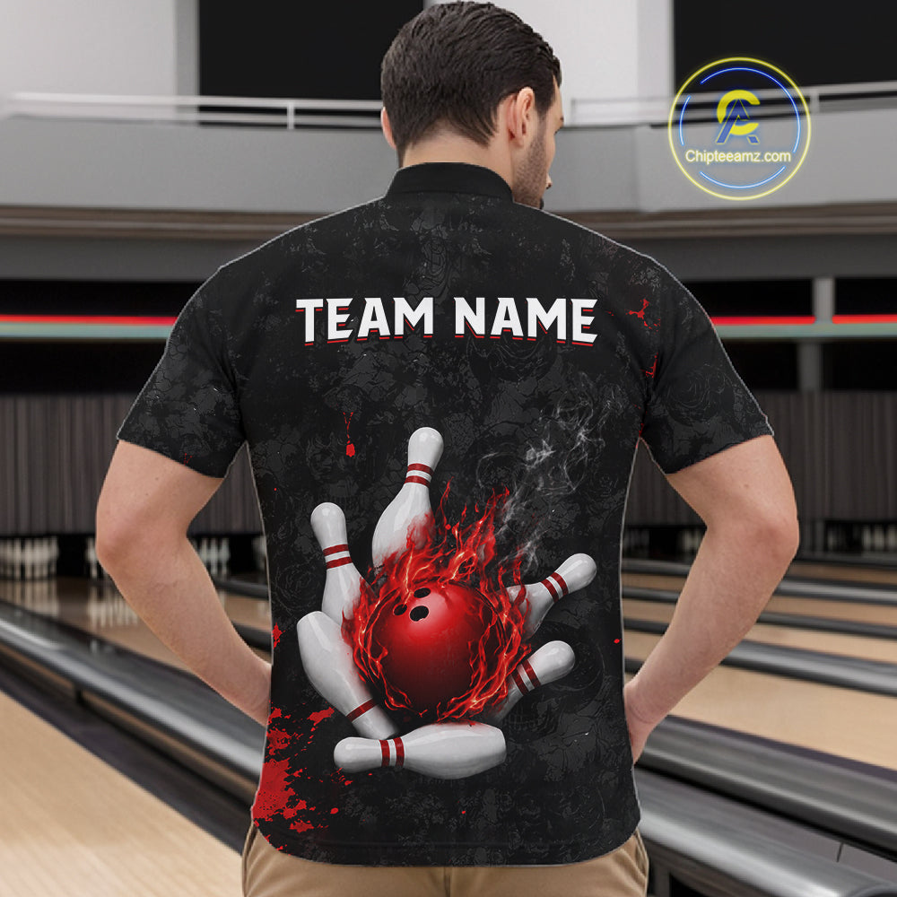 Man wearing black and red grunge fire bowling quarter zip shirt back view.