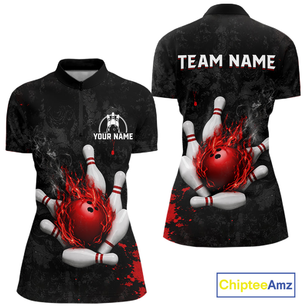 Black and red grunge fire bowling quarter zip shirt for women, custom bowling league jersey.