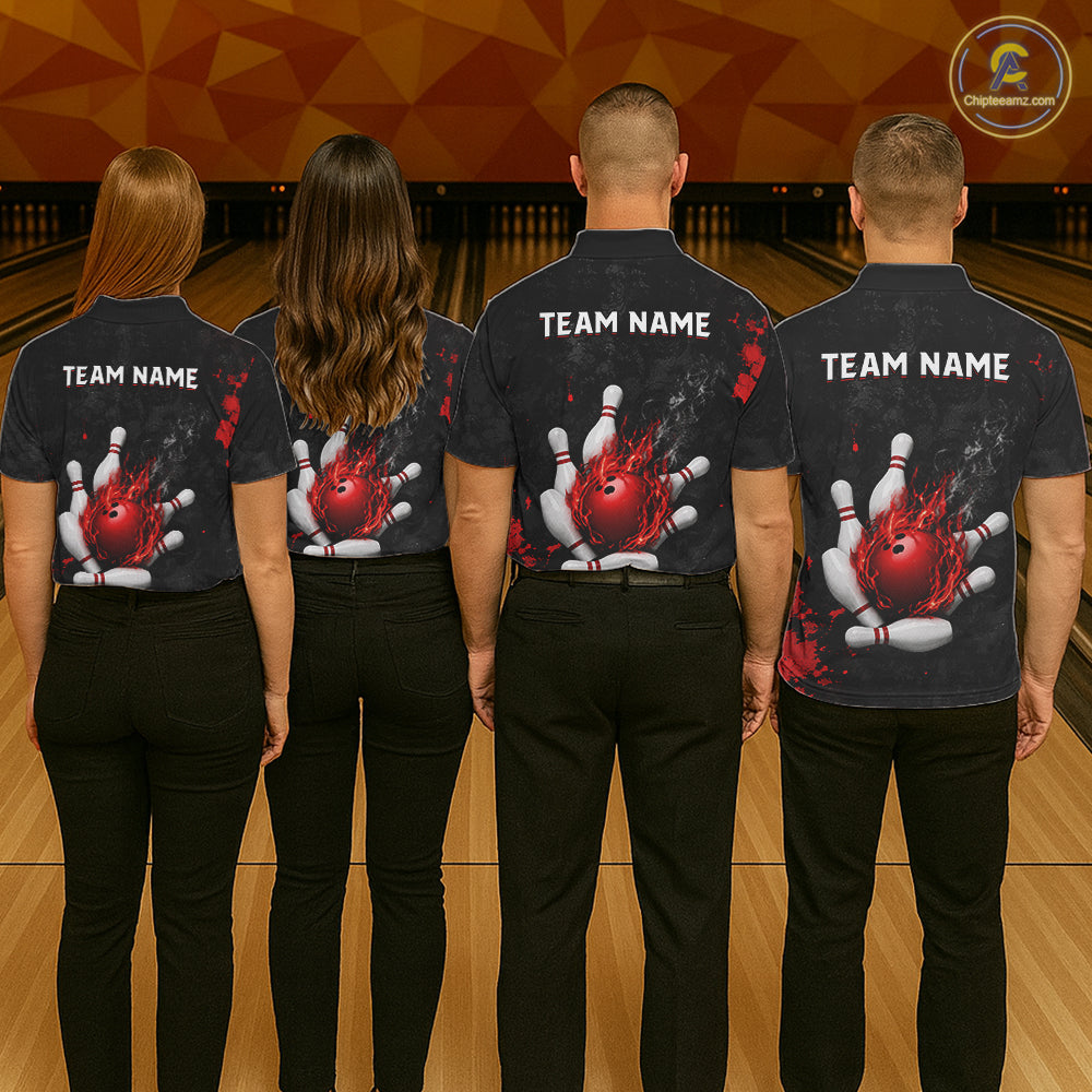 Bowling team wearing matching black and red grunge fire jerseys back view.