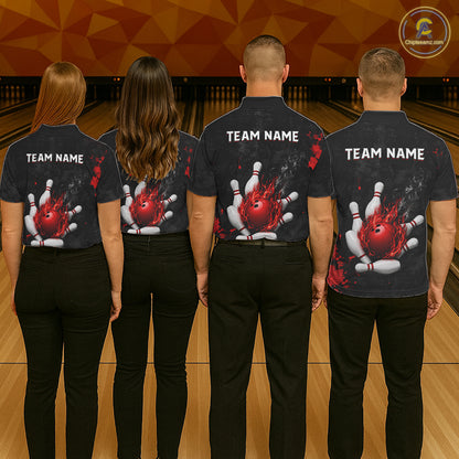 Bowling team wearing matching black and red grunge fire jerseys back view.
