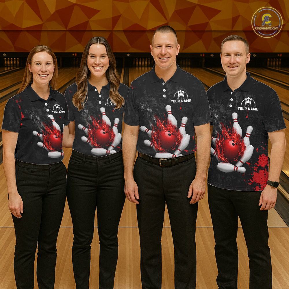 Bowling team wearing matching black and red grunge fire jerseys front view.