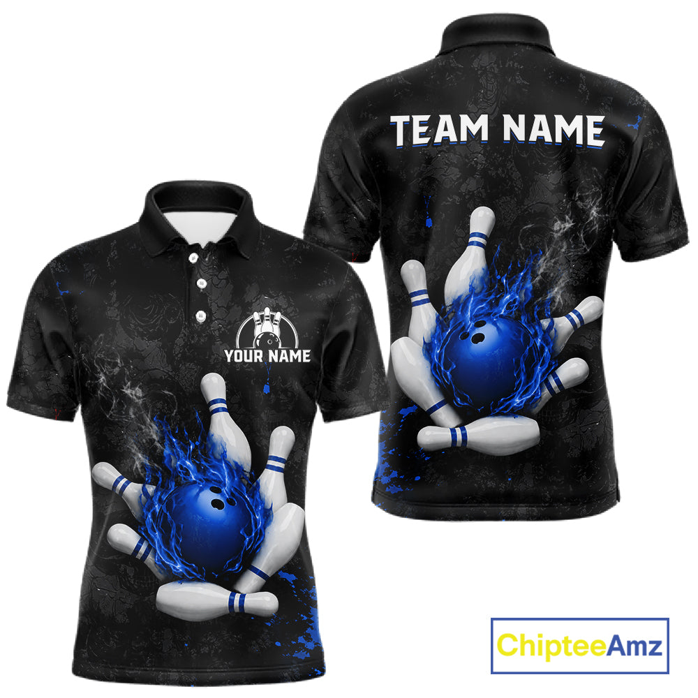 Black and blue grunge fire bowling team polo shirt for men with flame graphics.