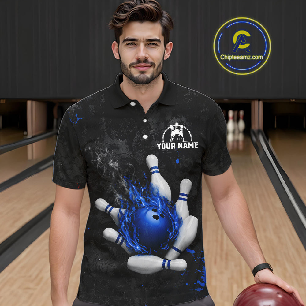 Man wearing black and blue grunge fire bowling polo shirt front view.