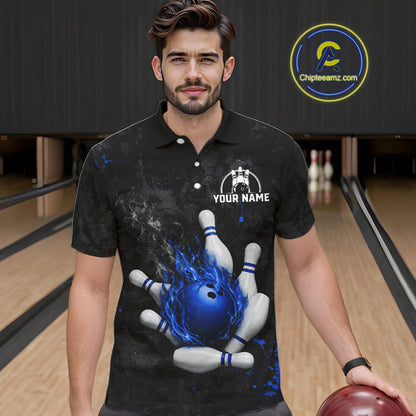 Man wearing black and blue grunge fire bowling polo shirt front view.