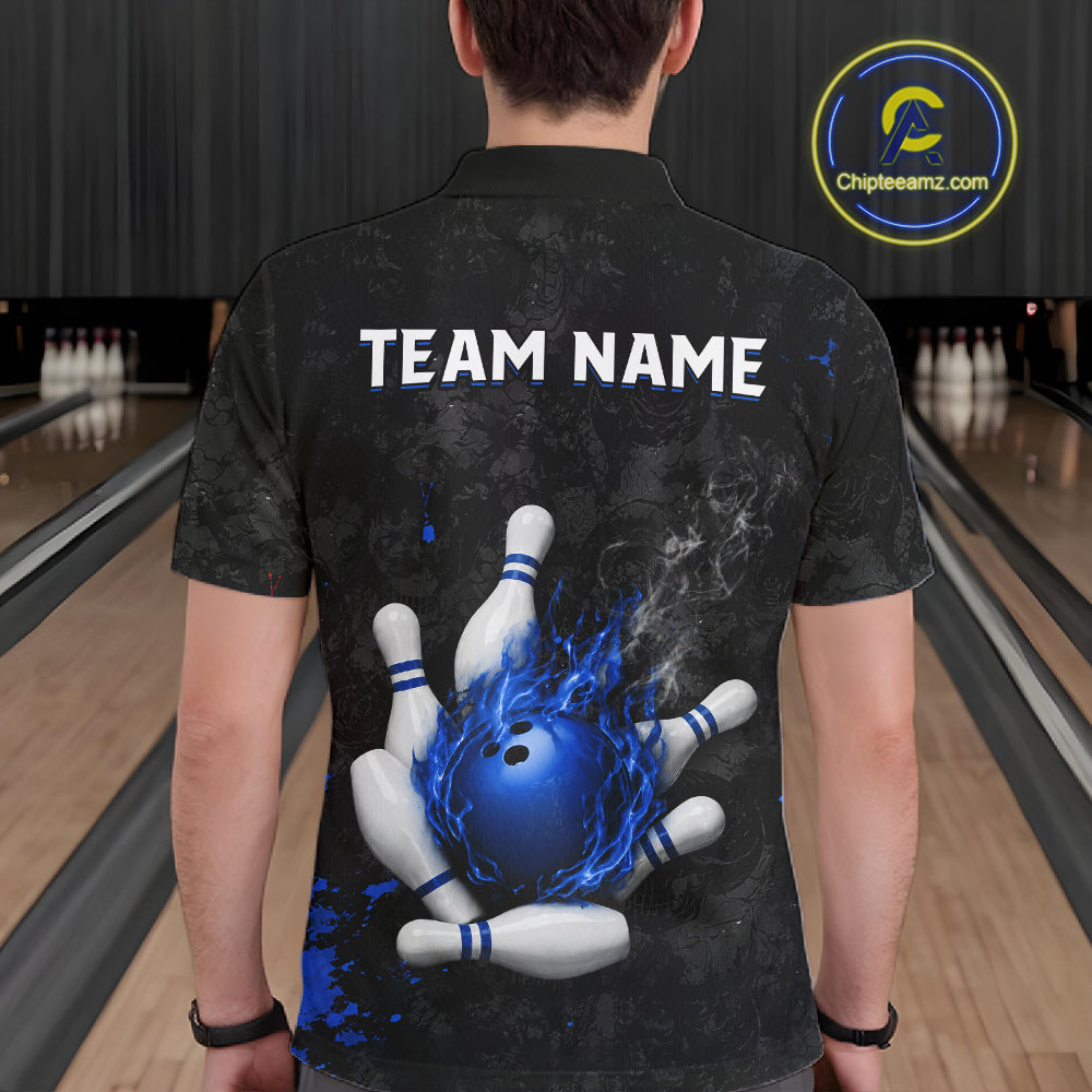 Man wearing black and blue grunge fire bowling polo shirt back view.