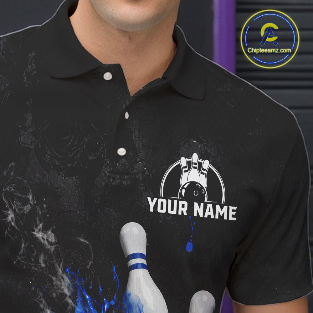 Close up of black and blue grunge fire bowling polo shirt collar, buttons and chest design.