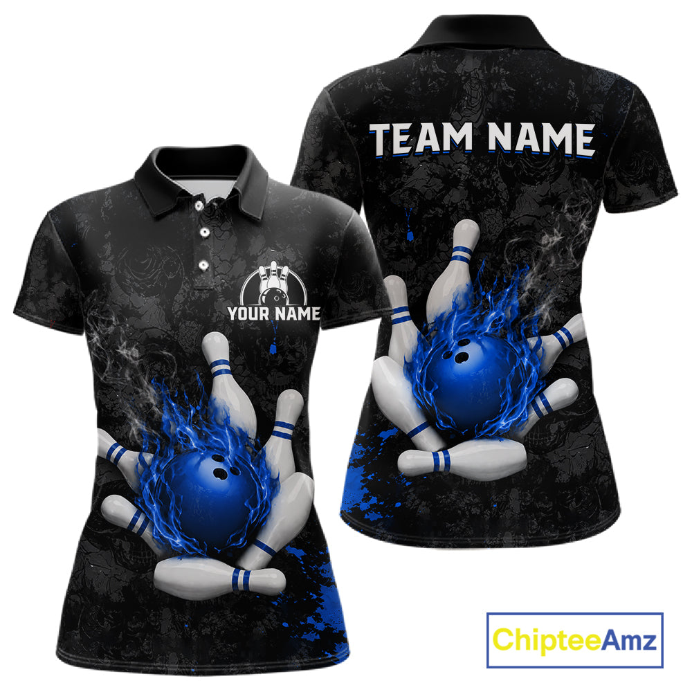 Black and blue grunge fire bowling team polo shirt for women with flame graphics.