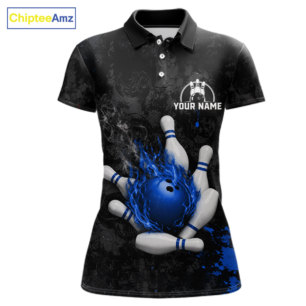 Black and blue grunge fire bowling polo shirt for women, custom bowling team jersey uniform.