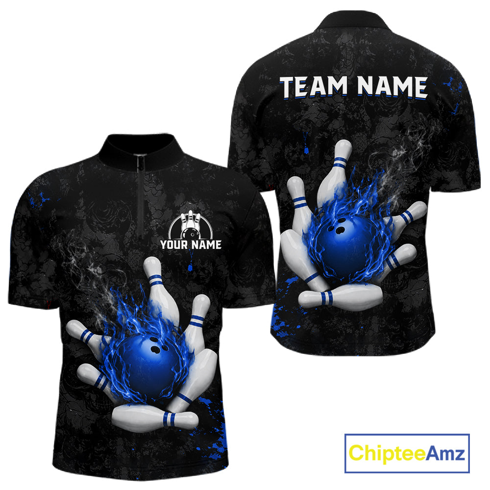 Black and blue grunge fire bowling quarter zip shirt for men, custom bowling league jersey.