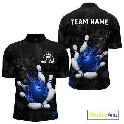 Black and blue grunge fire bowling quarter zip shirt for men, custom bowling league jersey.