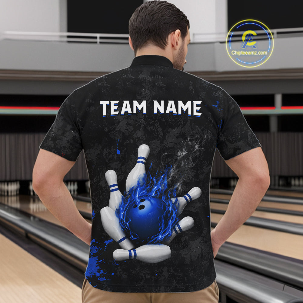 Man wearing black and blue grunge fire bowling quarter zip shirt back view.