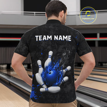 Man wearing black and blue grunge fire bowling quarter zip shirt back view.