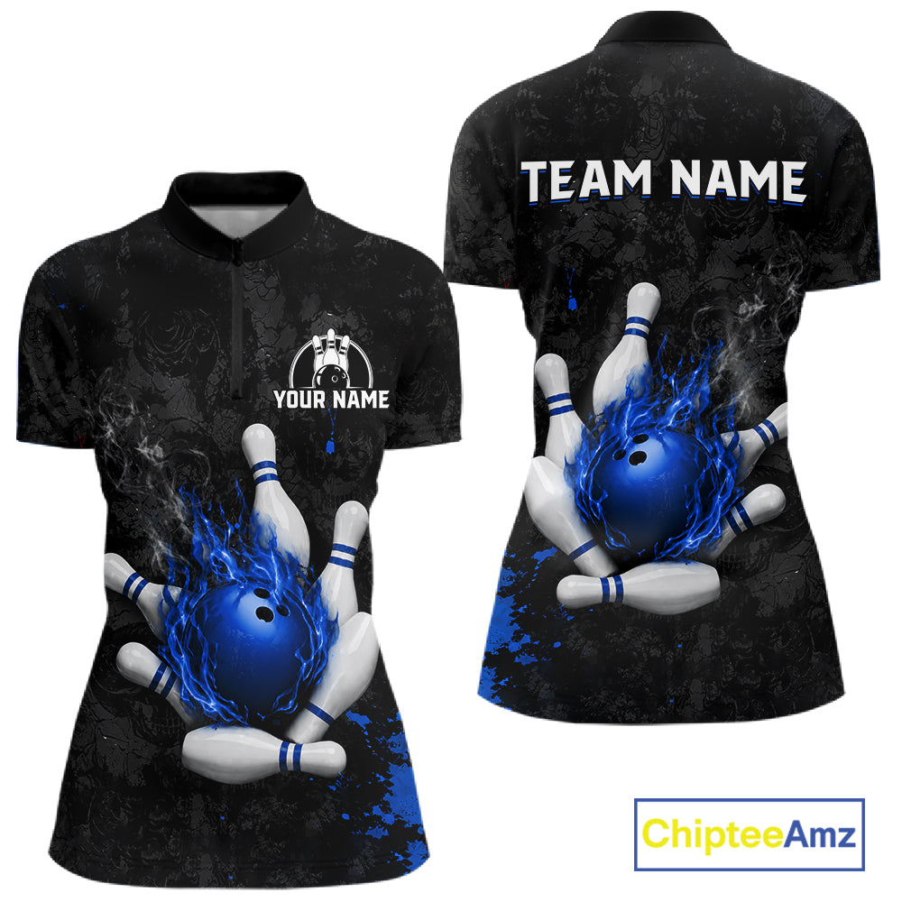 Black and blue grunge fire bowling quarter zip shirt for women, custom bowling league jersey.