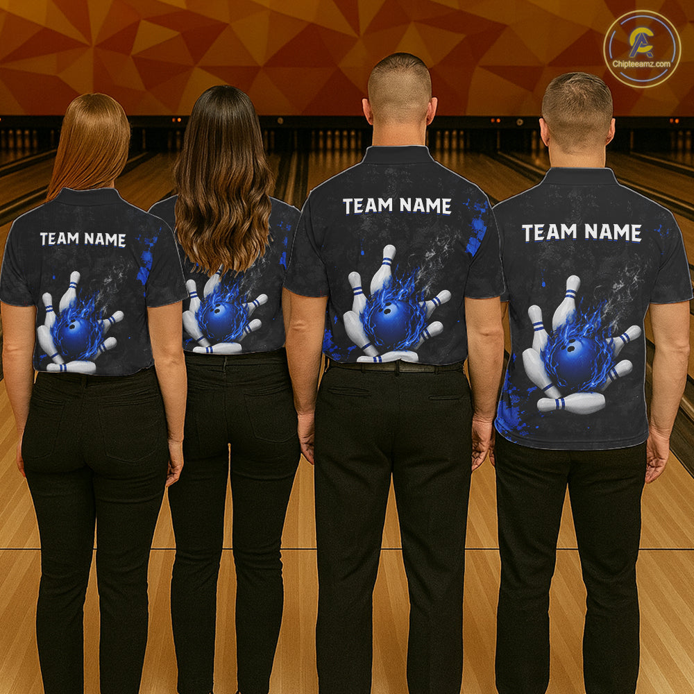 Bowling team wearing matching black and blue grunge fire jerseys back view.