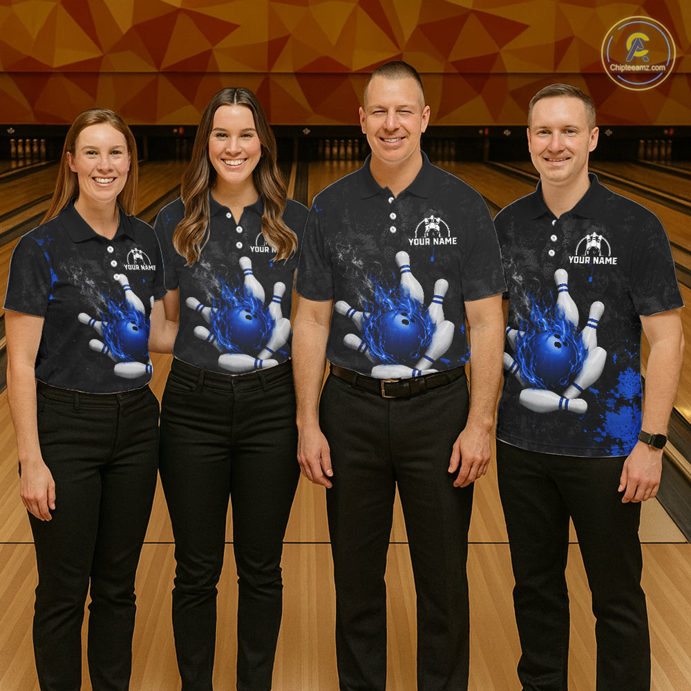 Bowling team wearing matching black and blue grunge fire jerseys front view.