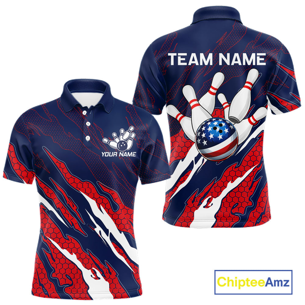 Custom blue and red US flag bowling polo shirt for men, patriotic bowling team jersey.