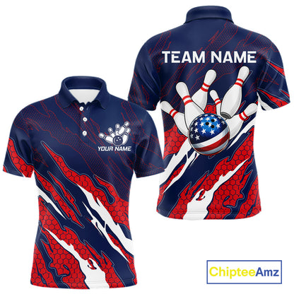 Custom blue and red US flag bowling polo shirt for men, patriotic bowling team jersey.