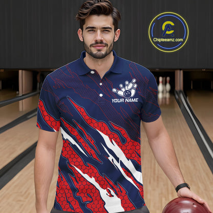 Man wearing blue and red US flag bowling polo shirt front view.