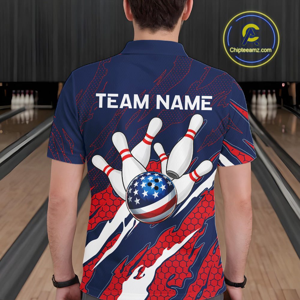 Man wearing blue and red US flag bowling polo shirt back view.