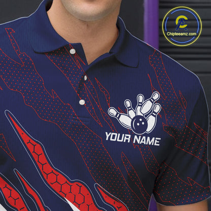 Close up of blue and red US flag bowling polo shirt collar, buttons and chest design.
