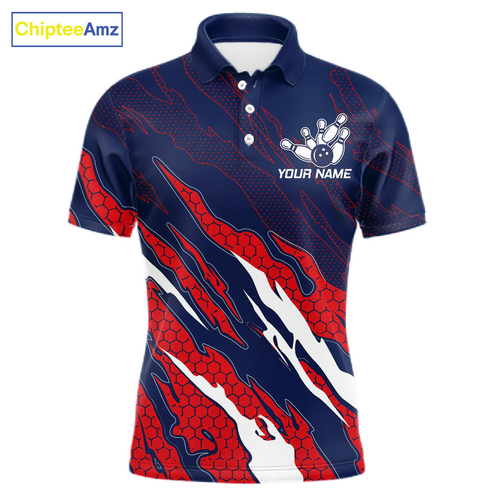 Blue and red US flag bowling team polo shirt for men with patriotic design.