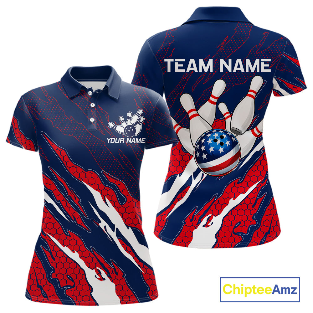 Blue and red US flag bowling team polo shirt for women with patriotic design.
