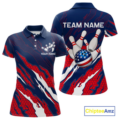 Blue and red US flag bowling team polo shirt for women with patriotic design.