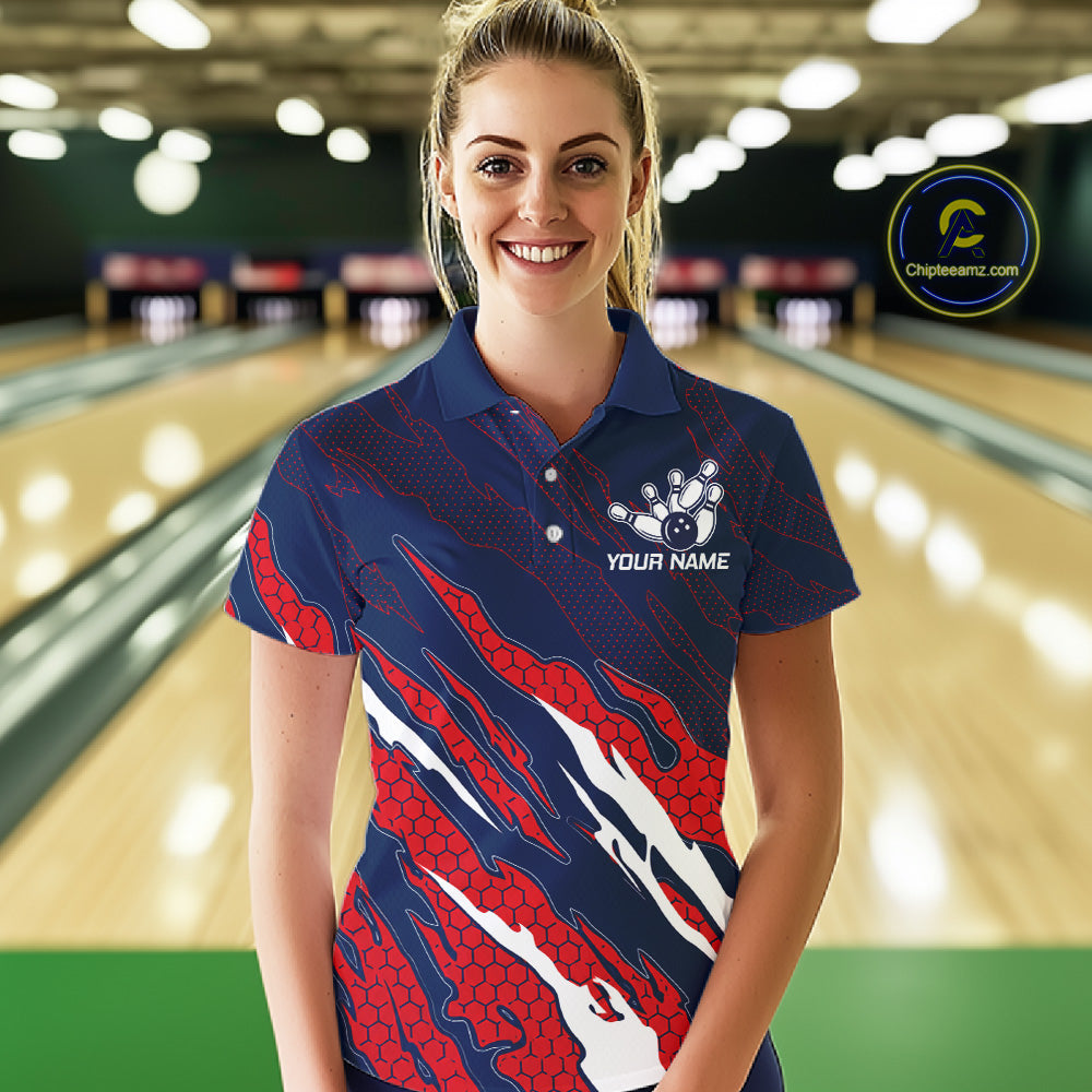 Woman wearing blue and red US flag bowling polo shirt front view.
