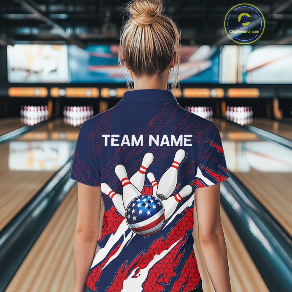 Woman wearing blue and red US flag bowling polo shirt back view.