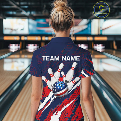 Woman wearing blue and red US flag bowling polo shirt back view.