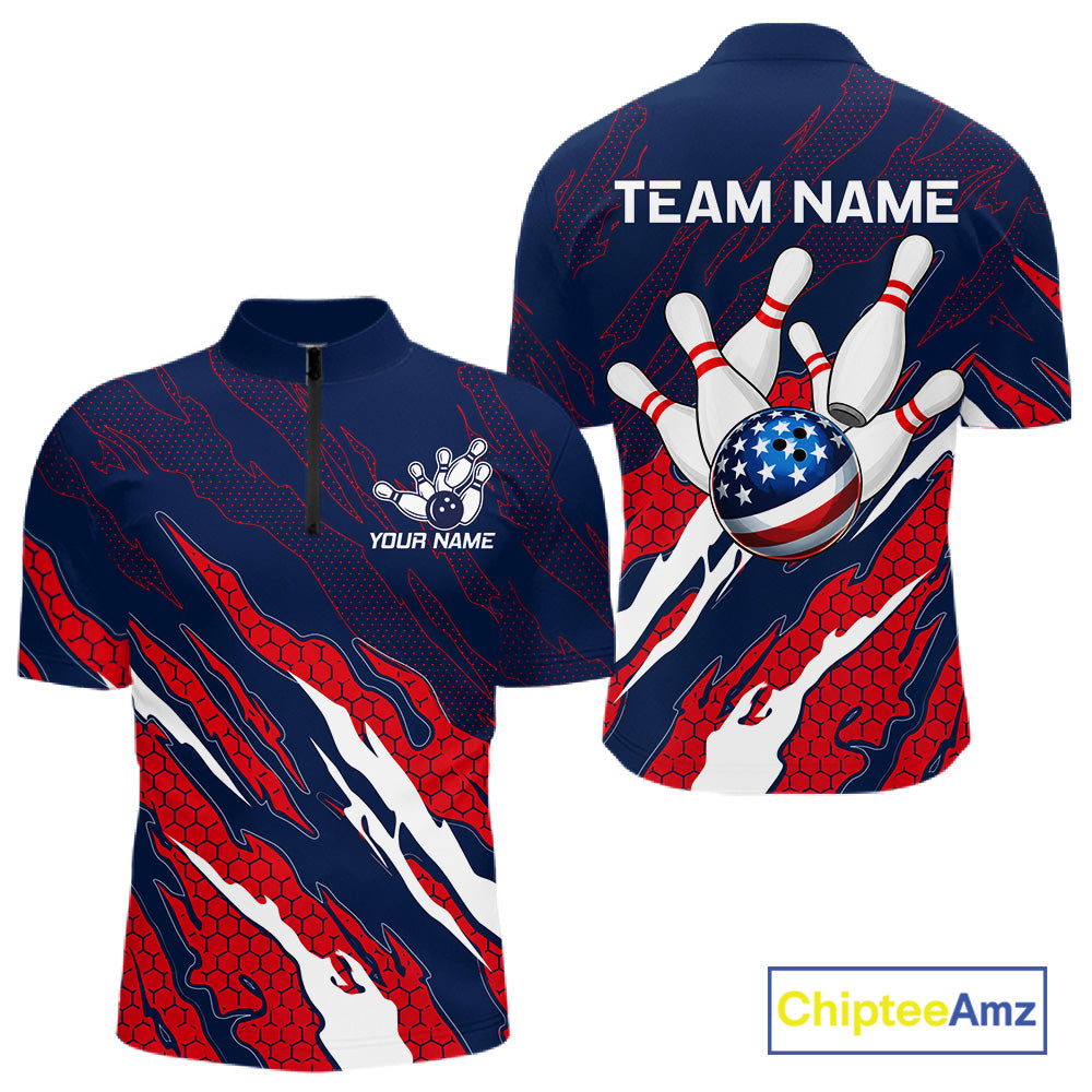 Blue and red US flag bowling quarter zip shirt for men, custom bowling league jersey.