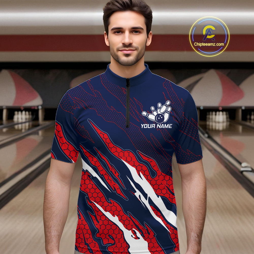 Man wearing blue and red US flag bowling quarter zip shirt front view.