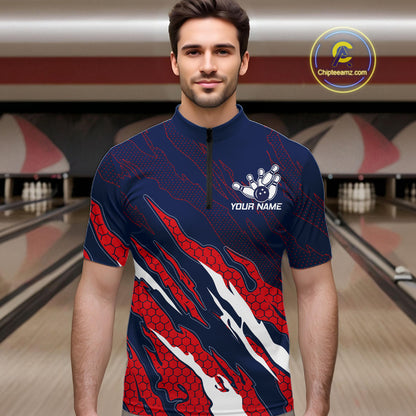 Man wearing blue and red US flag bowling quarter zip shirt front view.