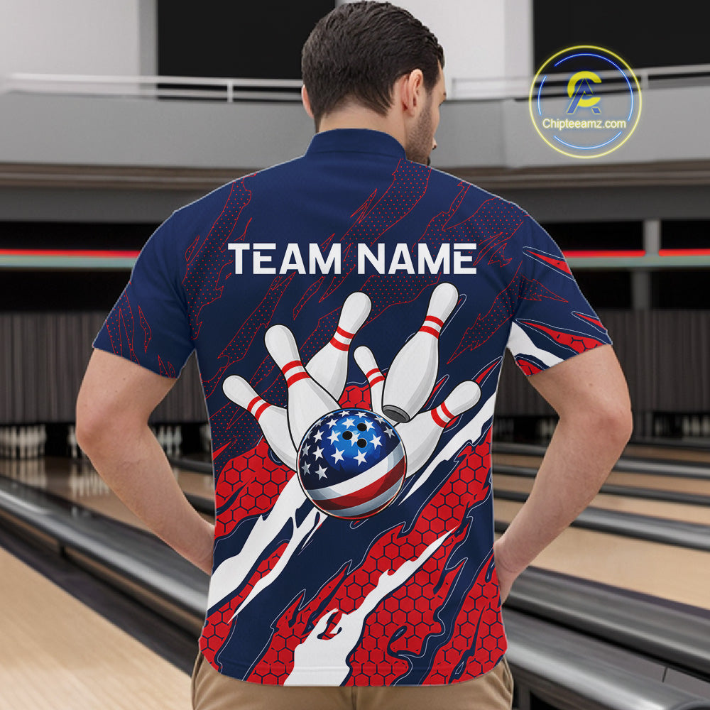 Man wearing blue and red US flag bowling quarter zip shirt back view.