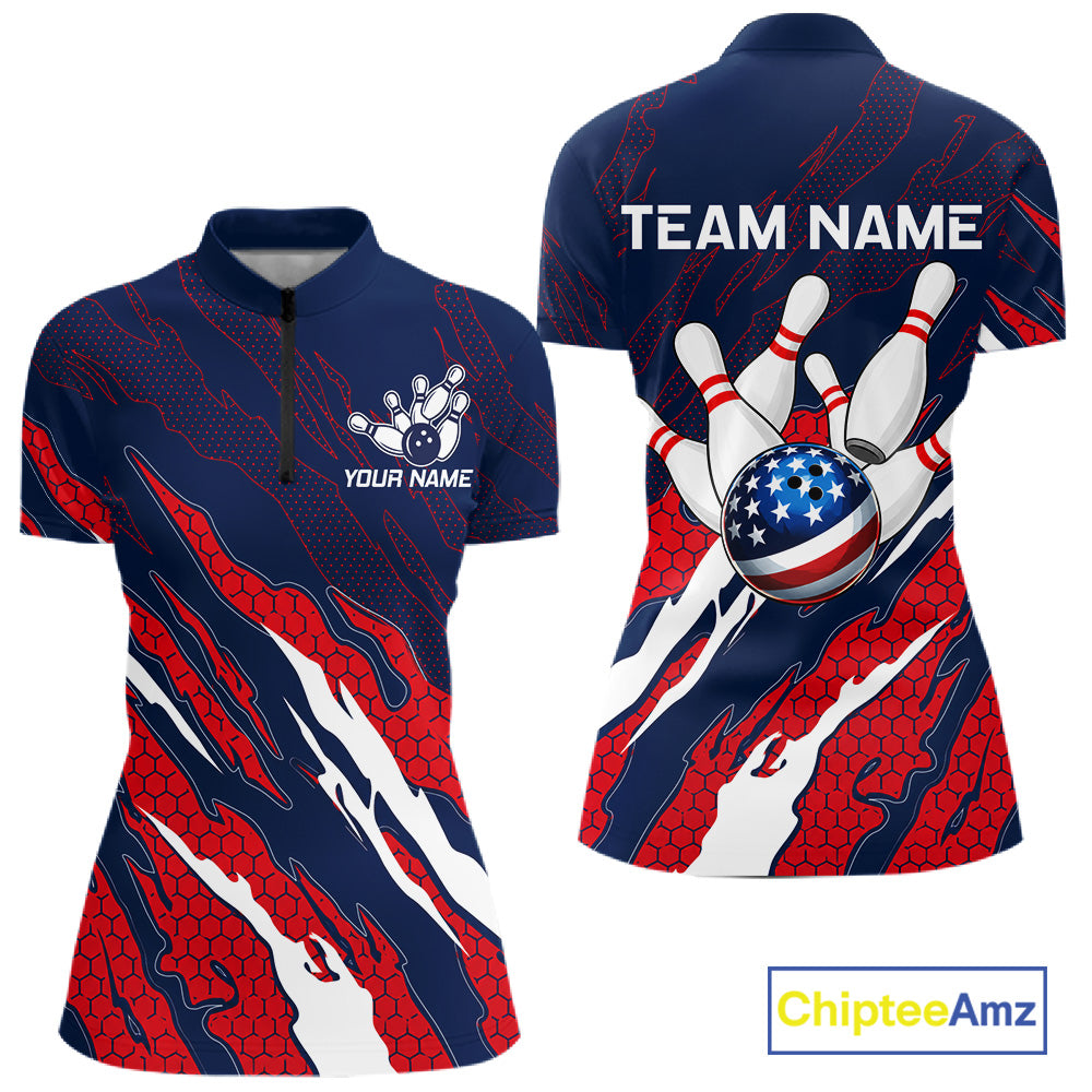 Blue and red US flag bowling quarter zip shirt for women, custom bowling league jersey.