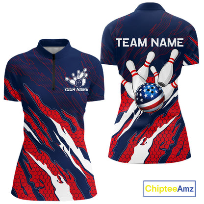 Blue and red US flag bowling quarter zip shirt for women, custom bowling league jersey.